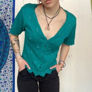Jantzen Petite S, Teal Embroidered Women's button cardigan top